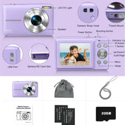 Melcam Digital Camera, 44MP, 16X Digital Zoom, Compact Portable Point and Shoot, Purple