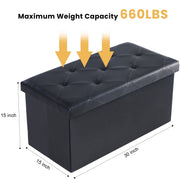 Gianna Folding Ottoman With Storage Bench, 30 Inch, Black Leather Top, Cushion, Foldable, STO-76PVC-BK