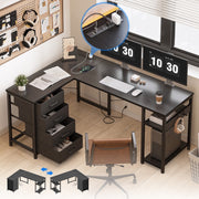KKL Gaming Desk with Drawers & Power Outlets L Shaped Computer Desk with Charging Station, Pure Black