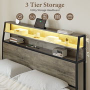 GUNAITO Queen Bed Frame w/Storage Headboard, 2 Drawers, LED Lighting, USB Ports, Gray
