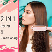YMO HC100R Ring Pink Hair Straightener Brush with Build-In Comb Anti-Scald Pink