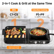 Sunmaki Portable Double Induction Cooktop with Removable Non-Stick Griddle Pan, 1800W, 2 Burner Hot Plate, Sensor Touch Controls, 9 Power Levels, 99 Min Timer, Black IRC1TZ21G-BK
