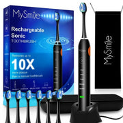 MySmile V34  Rechargeable Sonic Electric Toothbrush for Adults, Enamel Safe, 5 Cleaning Modes, 6 Replacement Heads, Black, V34