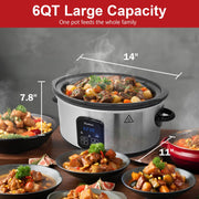 Bluebow Slow Cooker, 6 Quart, Stainless Steel, Removable Stoneware Pot, 3 Heat Settings with Auto Keep Warm, Non-Stick Surface, Cool-Touch Handles
