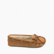 Minnetonka Cally Women's Slipper, Cinnamon Suede, Faux Fur Lined, Moccasin Toe, Leather Tie, Thin Rubber Outsole, Size 9