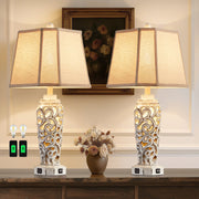 JUJUYUYOP Rustic Farmhouse Table Lamps Set of 2, 27in White with Dual USB Charging Ports and Integrated LED Bulbs, 8993