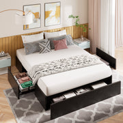 Amolife 1040953-5 Queen Size Faux Leather Platform Bed Frame with 3 Storage Drawers, Black