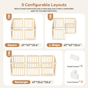 Babyeap Foldable Wooden Baby Playpen, Large Adjustable Indoor Play Yard with Built-In Gate, Brown, 47x47x23.6 in