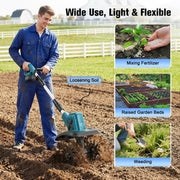 RELOIVE Cordless Electric Garden Tiller Cultivator, 21V 550W Brushless Motor, 2 x 4.0Ah Batteries, 4 Manganese Steel Blades, 7.9in Tilling Width, Adjustable Handle