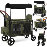 Vomeast Wagon Stroller 3-in-1 for 2 Kids with Adjustable 5-Point Harness, Shock-Absorbing Suspension, Canopy, Green