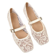 Haimao Tong Women Lace Mary Jane Flats, Breathable Mesh, Adjustable Buckle Strap, White, 1-Inch Platform Heel
