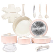 Chef Power Ceramic Nonstick Cookware Set, 19 Piece, Detachable Handle, Induction Compatible, Oven and Dishwasher Safe, Light Pink