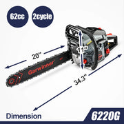 Garwinner 6220G Gas Chainsaw 20 inch 6220G 62CC 2-Stroke Cordless Chainsaw for Farm/Garden/Ranch/Wood Black