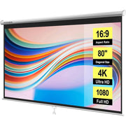 SPECSTAR 80 Inch Manual Pull Down Projector Screen, 16:9 HD Matte White, Retractable with Auto Locking, Wall or Ceiling Mount