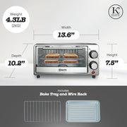 Kitchen Elite KE-OV-B101-BK Toaster Oven, Compact Countertop, 9 Liter Capacity, 800 Watt, Stainless Steel, Black