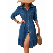 Women's Blue A-Line Denim Dress with Ruffle Swing Hem, M