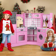 iYofe Kids Corner Kitchen Playset with Lights & Sounds, Play Phone and Curtains, Wooden Kitchen Toys, Pink