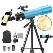 QUNSE 9032Refractor Telescope, 80mm Aperture, 500mm Focal Length, 20X-150X Magnification, Aluminum Tripod, Smartphone Adapter, Backpack