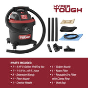 Hyper Tough 5 Gallon 4 HP Wet Dry Vacuum, Lightweight, 12 ft Cord and Hose, Multiple Attachments, AT18419P-5A