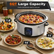 Bluebow 6QT Slow Cooker, 3 Heat Settings with Auto Keep Warm, Non-Stick Removable Stoneware Pot, Stainless Steel