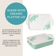 The Pioneer Woman Agatha Rectangular Stoneware Baker with Multifunctional Platter Lid, 9 x 13 in, Green Floral PWS519709304004