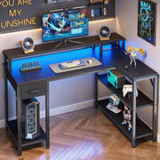 Amadwell 47 Inch L Shaped Computer Desk with Customizable LED Lighting, Power Outlet, Drawer, Shelves, Black