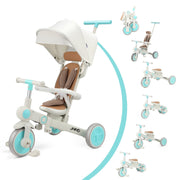 JMMD 0910-7in1 Baby Tricycle 7-in-1 Foldable Kids Trike with Adjustable Parent Handle, Safety Harness, Wheel Brakes, Removable Canopy, Gray
