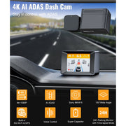 MINIEYE C2M 4K Dash Cam Front and Rear, Dual Cameras with AI Collision Avoidance, 2.4 in LCD, Built-in 5G WiFi GPS, ADAS, Loop Recording, Super Night Vision
