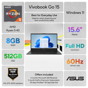 ASUS Vivobook Go 15 Laptop, 15.6 in FHD Display, AMD Ryzen 5 40 Processor, AMD Radeon Graphics, 8GB RAM, 512GB SSD, Mixed Black, E1504FA-WS51-D