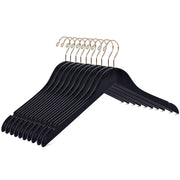 Quality Hangers Semi Curved Wooden Suit Hangers, Black Finish, Gold Swivel Hook, 10-Pack