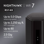 NETGEAR Nighthawk RS140 Dual-Band WiFi 7 Router, 5.0 Gbps Speed, 2.5 Gig Internet Port, Covers 2,250 Sq. Ft., Supports 80 Devices, Black