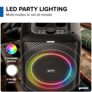 Gemini GGO-650L Portable Bluetooth Party Speaker, 100W, 6.5-Inch Woofer, Dynamic LED Lights, Wireless Mic, TWS Stereo, USB/SD/FM/Aux, 10-Hour Battery, Black