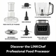 LINKChef Food Processor, 1000W All-Copper Motor, 9-Cup BPA-Free Bowl, 4 Presets, 3-Speed, Slicing and Shredding Discs, Kneading Blade, Black, FP-12