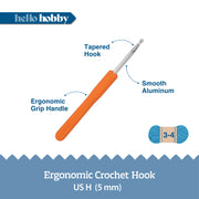 Hello Hobby Ergonomic Crochet Hook, Size H 5 mm, Aluminum, Comfortable Grip