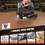 Naipo Engindot Corded Electric Jigsaw, 800W 6.7 Amp, 6 Variable Speeds, 4 Orbital Settings, Laser Guide, LED Light, Adjustable Bevel Base, Includes 6 Blades, PJS02A