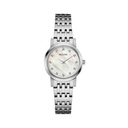 Bulova Women's Classic Diamond Accent Wrist Watch, Silver-Tone Stainless Steel, Mother of Pearl Dial with 12 Diamonds, 27mm, 96P175