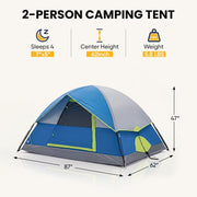 Gianna 2 Person Waterproof Camping Tent with Rainfly, Mesh Windows and Skylights, Lightweight Portable Dome Tent, Blue, OC-ZPV13YD-2NBU