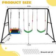 Yacona Outdoor Swing Set for Kids, Metal A-Frame, 3 Swings with Platform, Belt, and Saucer, Adjustable Ropes, Black