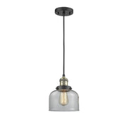 Innovations 1 Light Mini Pendant, Black Antique Brass Finish, Clear Large Bell Glass Shade, Dimmable LED, Adjustable Hanging Cord, 8 in, 201C-BAB-G72-LED