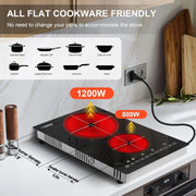 TYEMUI 2 Burner Electric Cooktop, Portable 2000W Infrared, 12in Ceramic Glass, Built-In or Countertop, 110v