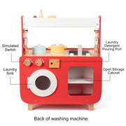 Bruce & Shark Red Wooden Play Kitchen Set with Washing Machine and Oven, Interactive Pretend Play Toy for Ages 3-8