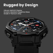 Amazfit T-Rex 3 Pro Smartwatch, 48mm Sapphire AMOLED Display, Titanium Bezel, Dual-Band GPS, Offline Maps, 25-Day Battery, Built-In Flashlight, 10 ATM Water Resistant, Tactical Black, A2444