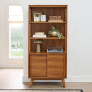 Better Homes & Gardens BH6525004710002 Greyson Bookcase, Mid-Century Modern Style, Acorn Finish, Rubberwood Legs, Adjustable Shelves, Sliding Door Cabinet