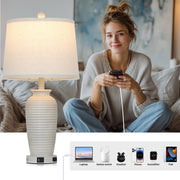 Cinkeda Farmhouse Jar Table Lamp Set of 2 with 3-Way Dimmable Touch Control, USB A+C Ports, AC Outlet, White Resin with Beige Linen Shade, 24 in, WMTD-330