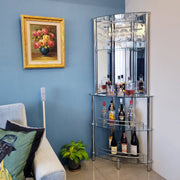 Mango Steam Chrome 3-Tier Corner Bar Tower with Tempered Glass Shelves and Mirrored Panels, Modern Home Bar Furniture, 31.5 in L x 15.75 in W x 73 in H, 20081