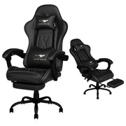 Auxe Gaxe Gaming Chair for Adults with Ergonomic High Back, Retractable Footrest, PU Leather, Lumbar Support, Headrest, Adjustable Armrests, Black, C-Black