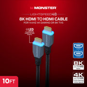 Monster HDMI Cable 2 Pack, 10 Ft, Ultra High Speed HDMI 2.1, 48Gbps Bandwidth, 8K 60Hz, 4K 144Hz Gaming, LED Illuminated Connectors