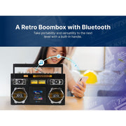 Emerson Retro Portable CD Boombox with Bluetooth, AM/FM Radio, AUX Input, Rechargeable Battery, Black, EPB-3004