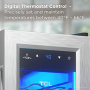 TCL 12 Bottle Wine Cooler, 1.24 Cu Ft, Adjustable Temperature, Stainless Steel Glass Door, Black, TRW12F6AS