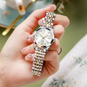 OLEVS 9931 Luxury Women's Fashion Watch, Diamond Accents, Two-Tone Gold-Plated Stainless Steel, Blue Dial, Date Display, Waterproof